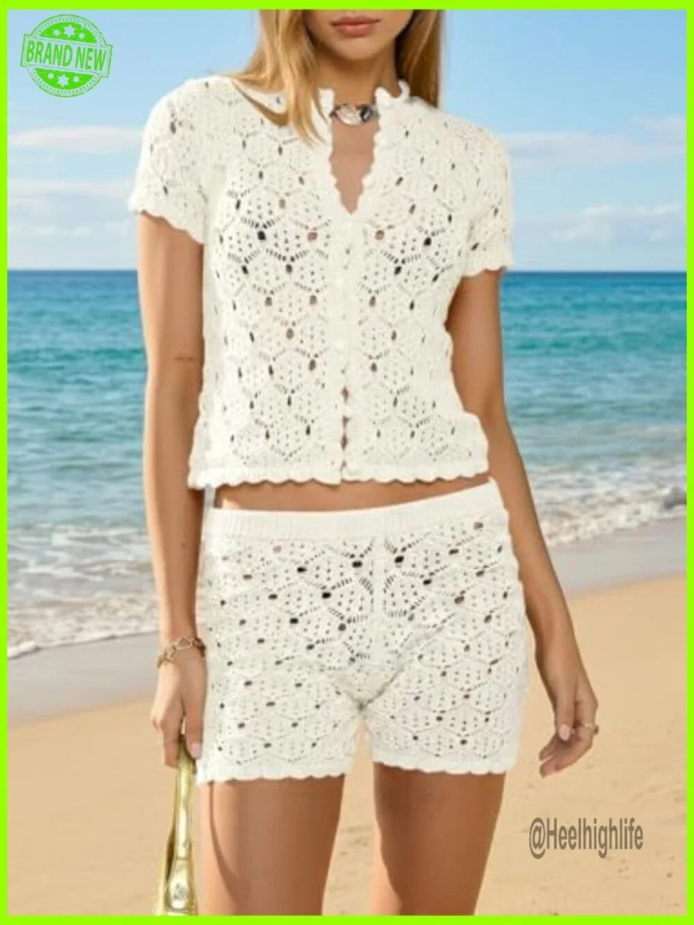 Crochet Cover Up Set 2 Piece Beach Shorts Crop Top Summer Swimsuit